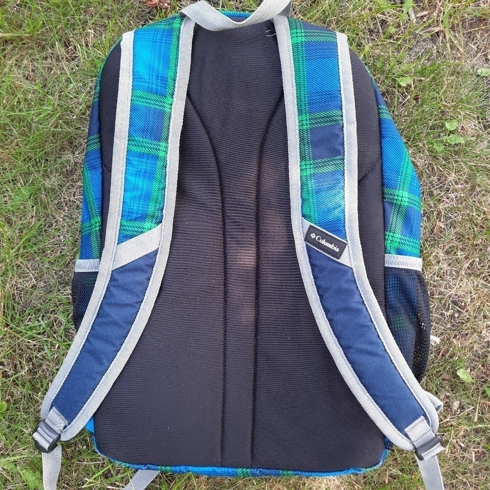 🛍 Columbia Beacon Daypack Backpack 2 water bottle pockets blue green plaid - Picture 8 of 14